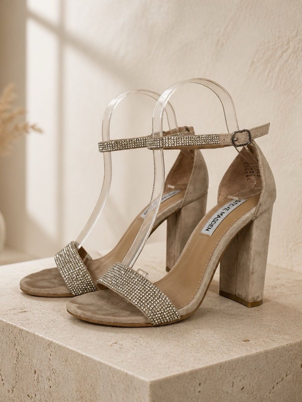 Steve Madden Taupe Suede Block Heels with Rhinestone Straps Kalinia